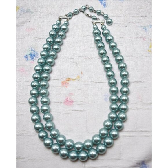 Baby Blue Double Strand Faux Pearl Necklace Choker Silver Tone Clasp - Picture 1 of 6